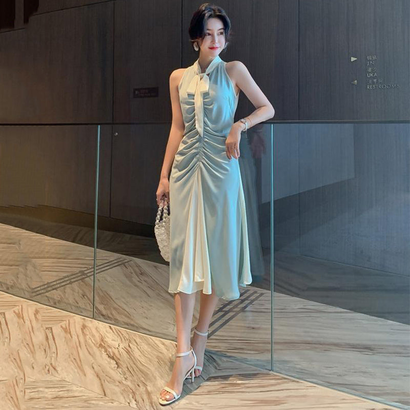 ボウタイフロントギャザーバイカラーワンピース