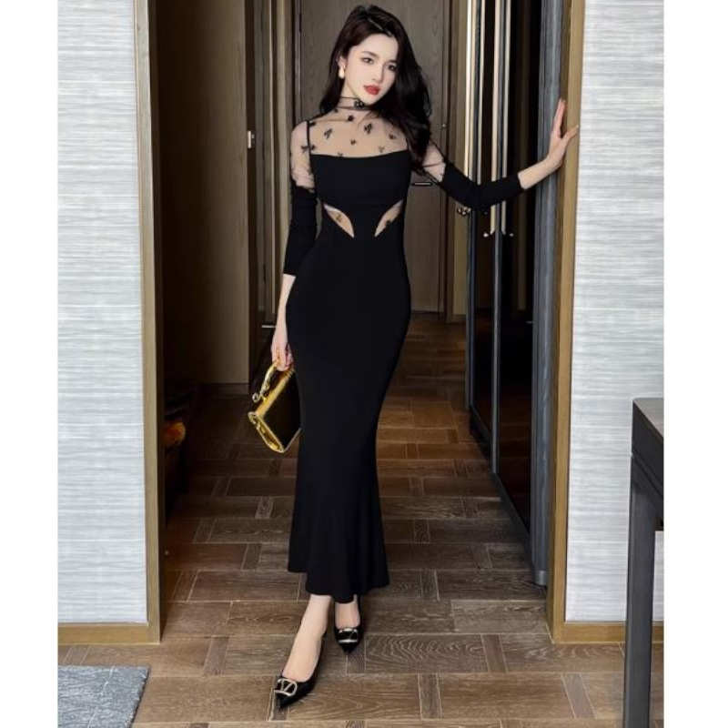 花柄シアーコンビマーメイドマキシワンピース