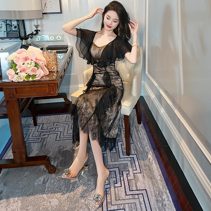 ラッフルケープコンビシアーレースマーメイドワンピース