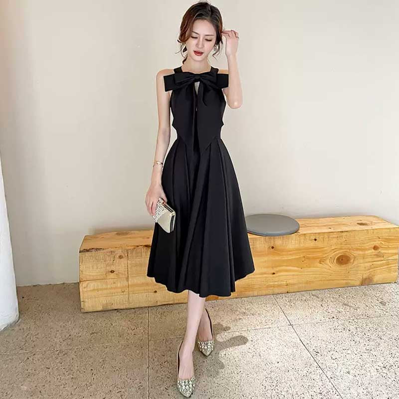 ブラックリボンミモレ丈ドレス