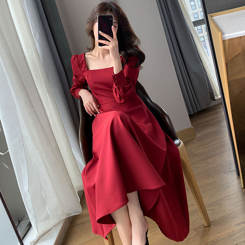 バックオープンスクエアネックレッドロングワンピース