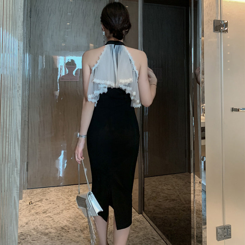 シアーラッフルコンビオープンショルダーペンシルワンピース