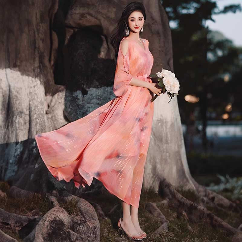 【即納】オープンショルダーシフォンワンピース