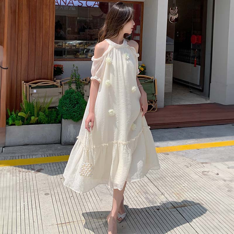 オープンショルダーシフォンワンピース