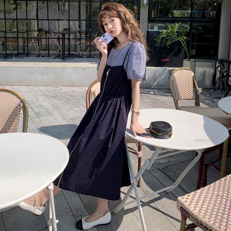 ギンガムチェックブラウスコンビフロントジッパーワンピース