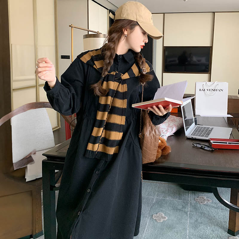 肩掛けカーデ風ブラックシャツワンピース