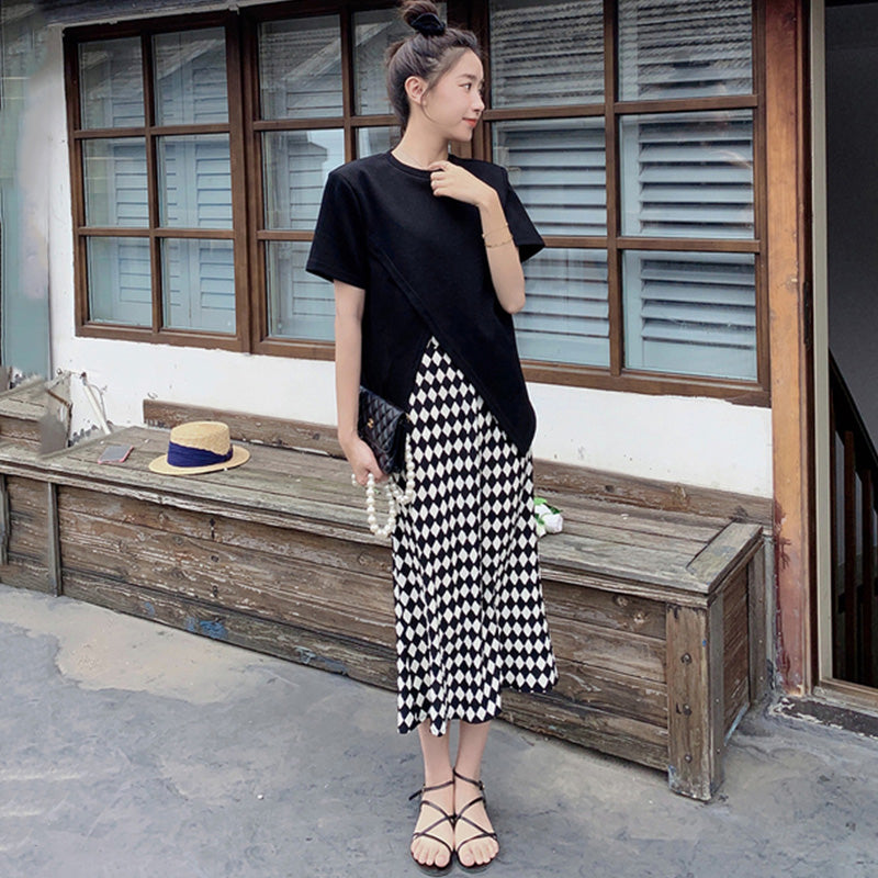 スリットロングTシャツ×ダイヤ柄ナロースカート(2colors)