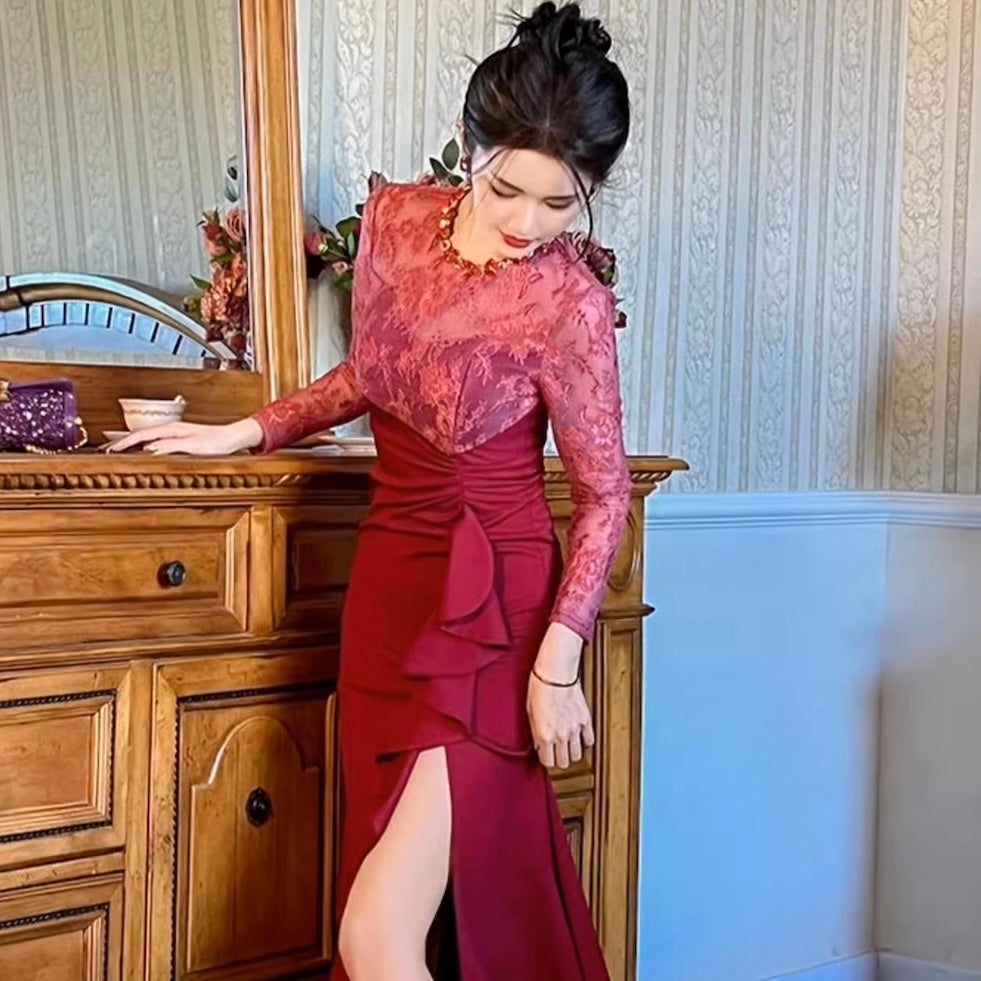 レース切り替えスリット入りパーティドレス