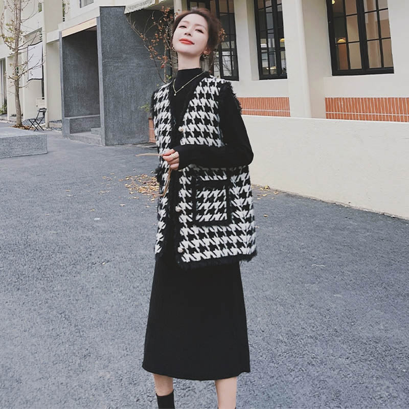 千鳥柄ベスト×リブニットワンピース