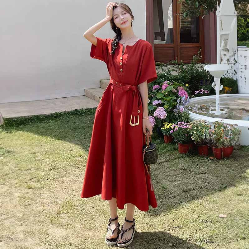 ラウンドネックレトロワンピース