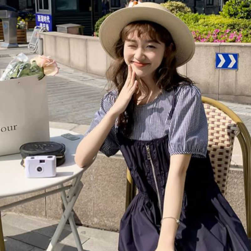 ギンガムチェックブラウスコンビフロントジッパーワンピース