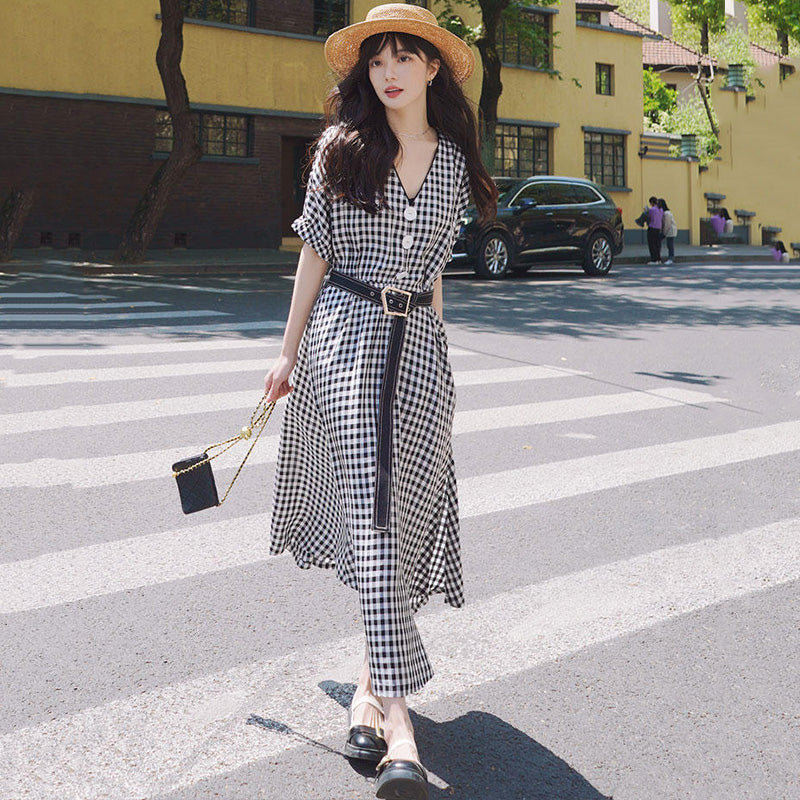 ビッグフロントボタンギンガムチェックマキシワンピース