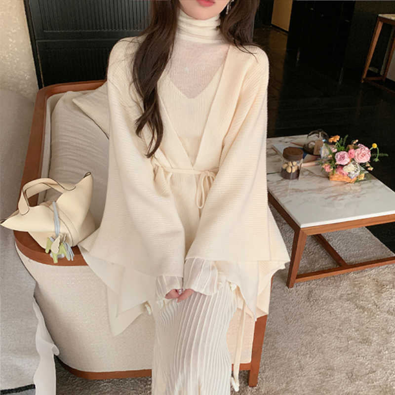 ウエストリボン付きポンチョニットカーディガン
