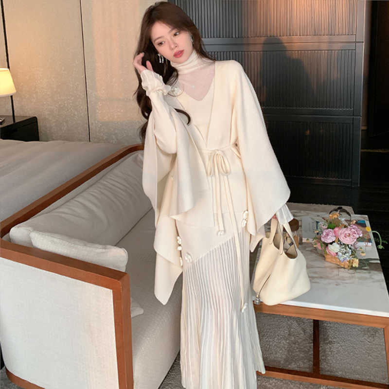 ウエストリボン付きポンチョニットカーディガン