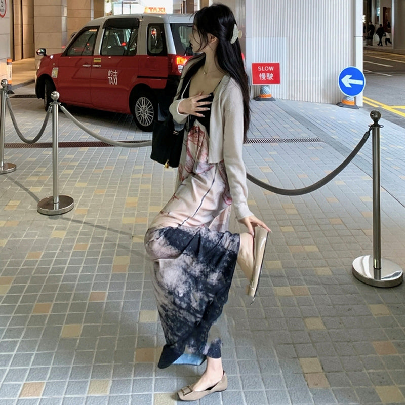 チャイナ風インクプリントキャミソールワンピース