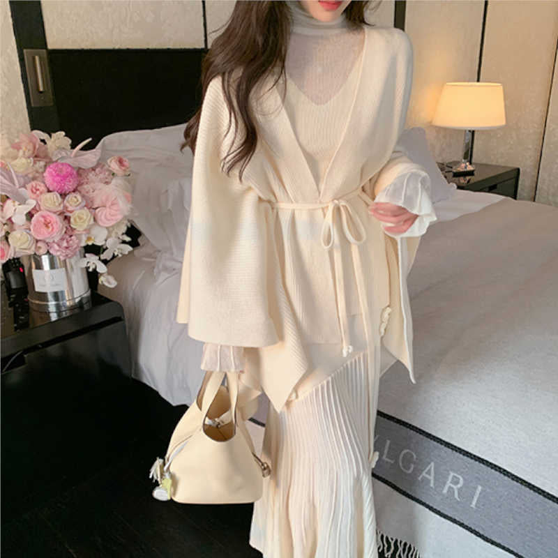 ウエストリボン付きポンチョニットカーディガン