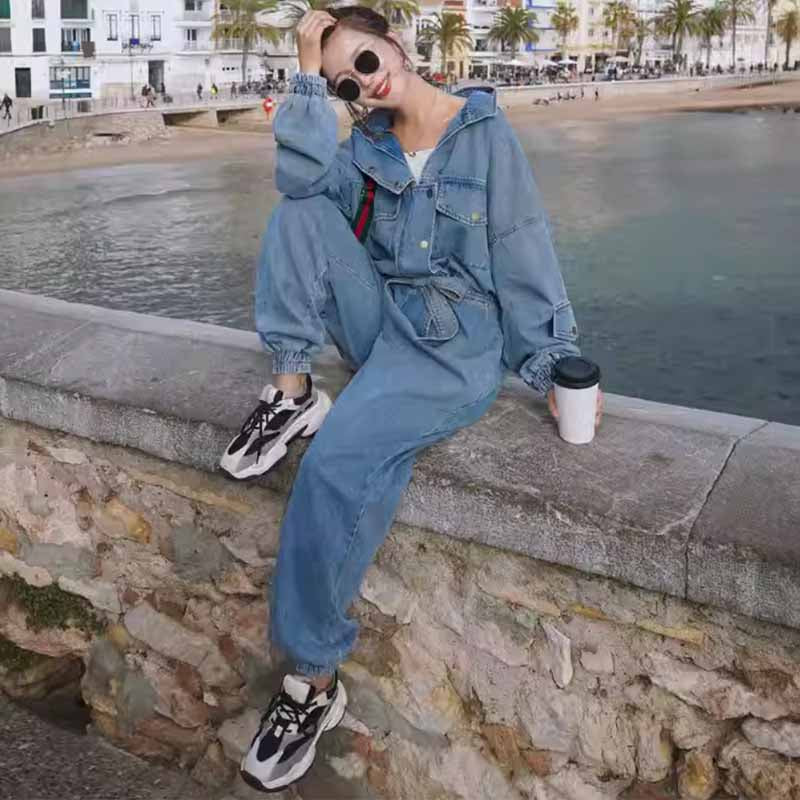 スタンドカラーフード付きデニムオールインワン