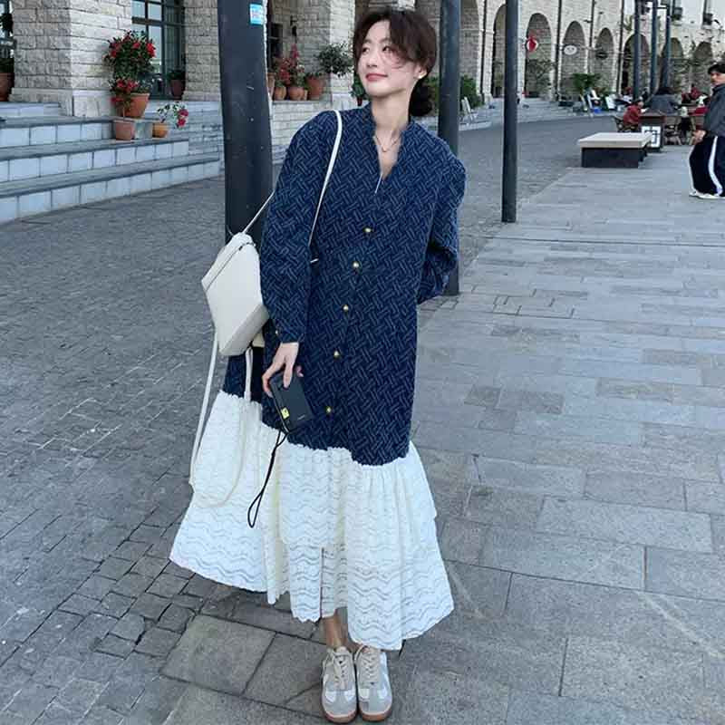 ジャガードデニム×レースティアードロングワンピース