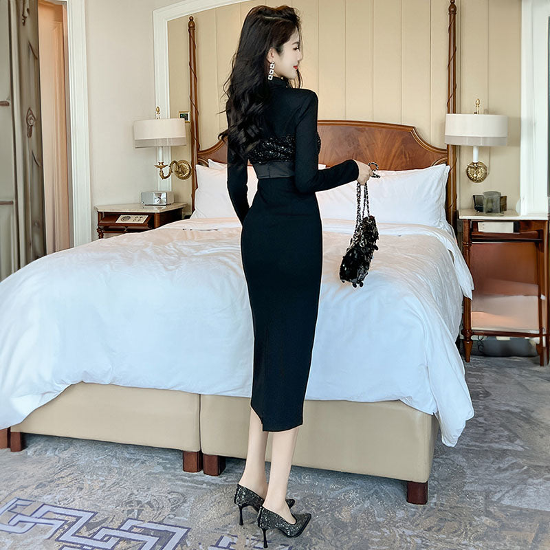 ボトルネックグリッターコンビペンシルワンピース