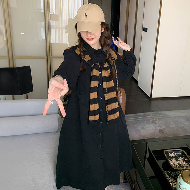 肩掛けカーデ風ブラックシャツワンピース