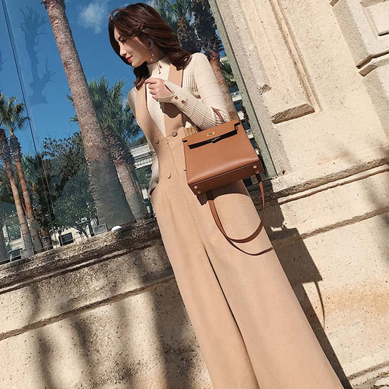 スリット入りハイネックリブニット×Vネックリブウエストサロペットパンツ(2colors)