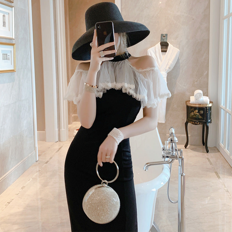 オープンショルダーシアーラッフルタイトワンピース