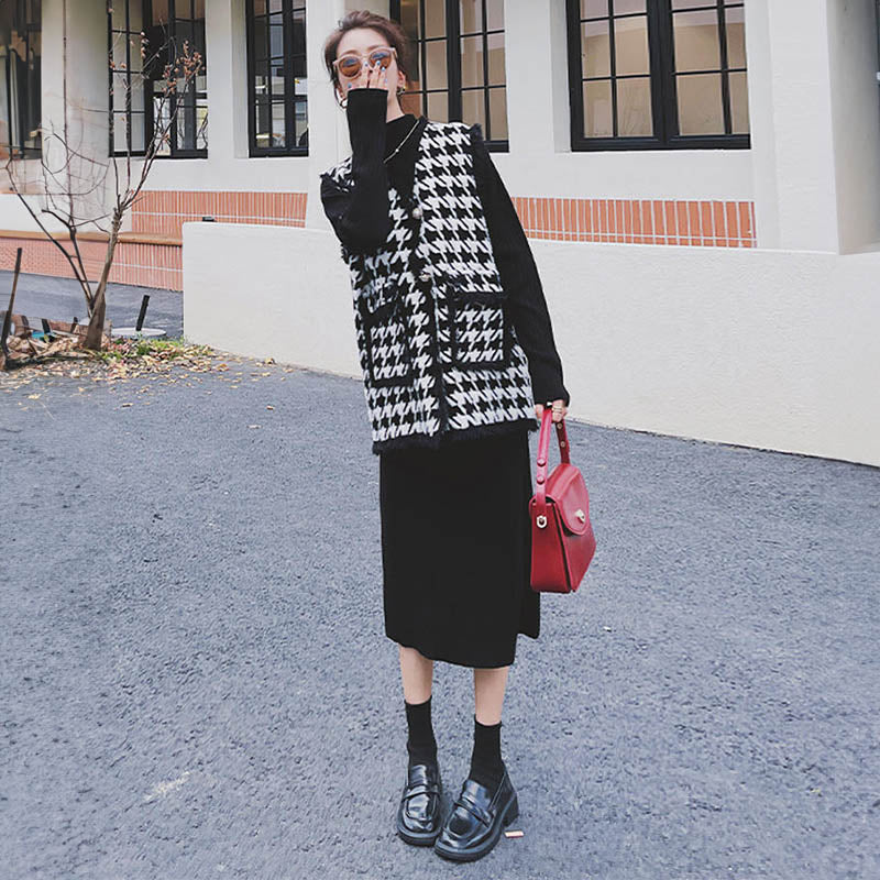 千鳥柄ベスト×リブニットワンピース