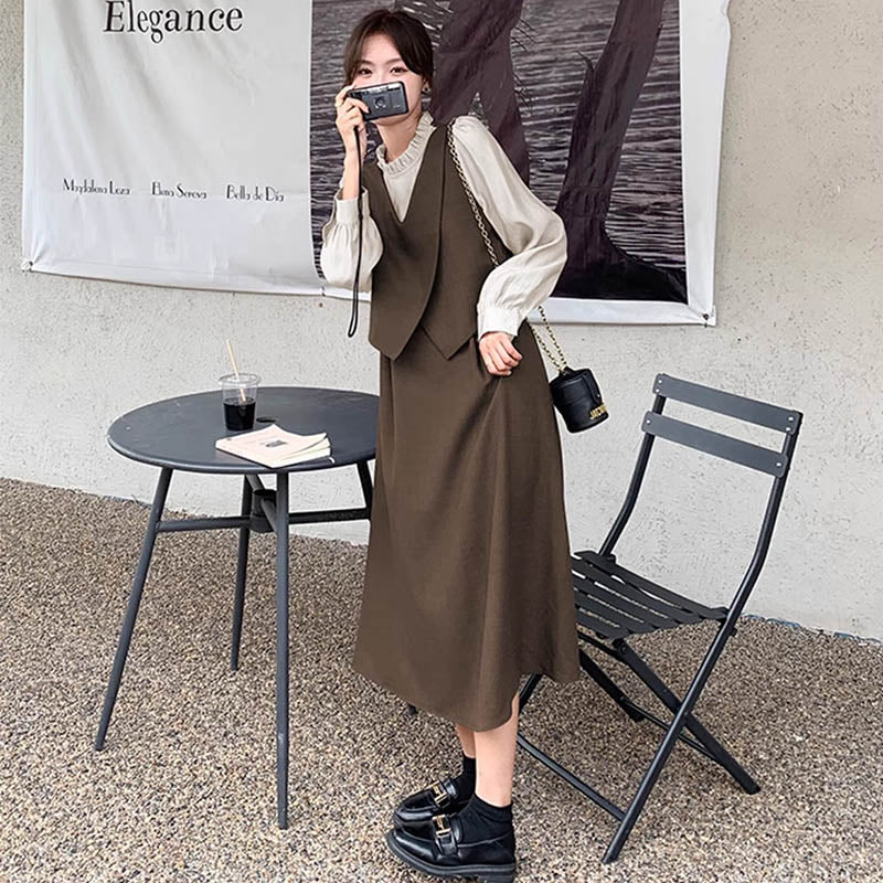 フリルネックフェイクツーピースレイヤード風ワンピース(2colors)