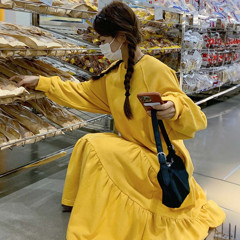 【即納】裾フリルスウェットワンピース(イエロー/M)