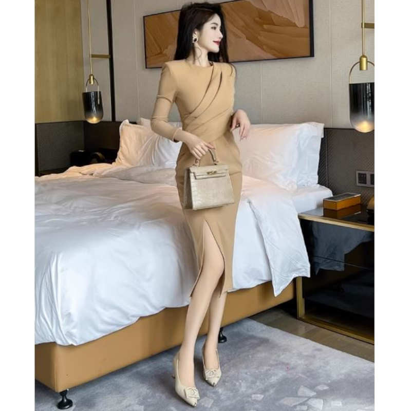 【即納】アシメドレープサイドスリットペンシルワンピース