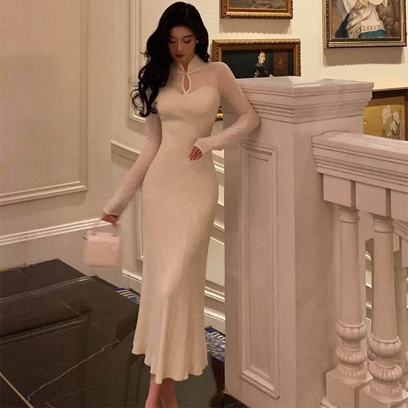 シアーコンビフロントオープンチャイナニットワンピース