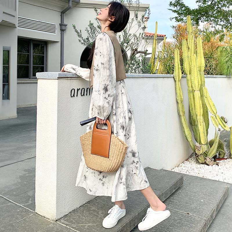 チャイナ風ベスト×花柄シャーリングワンピース