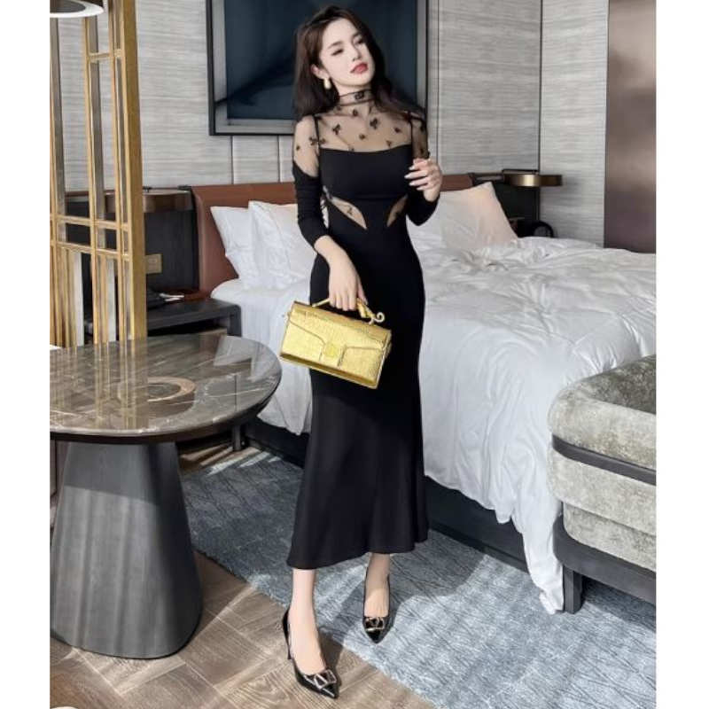 花柄シアーコンビマーメイドマキシワンピース