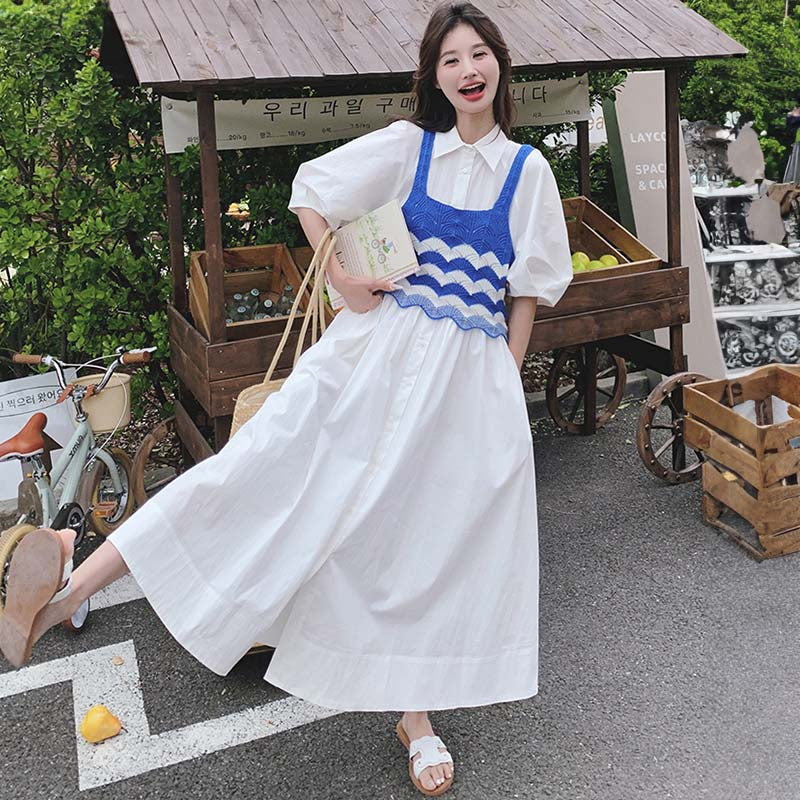ニットベスト×パフスリーブフレンチワンピース
