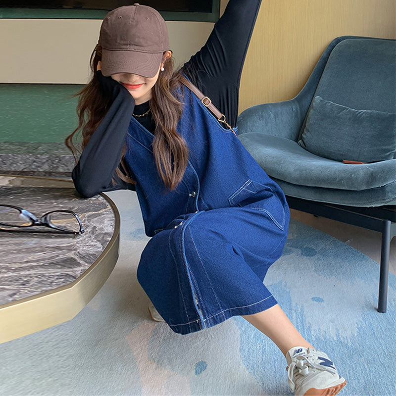 フロントボタンインディゴデニムジャンパースカート(ブラックトップス付き)