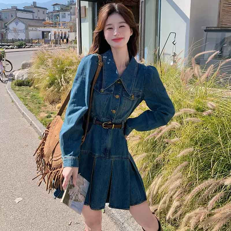 裾プリーツデニムワンピース