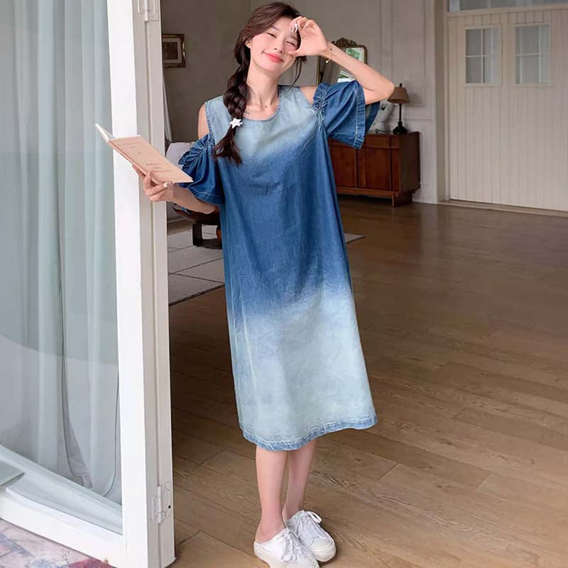 グラデーションオフショルダーデニムワンピース