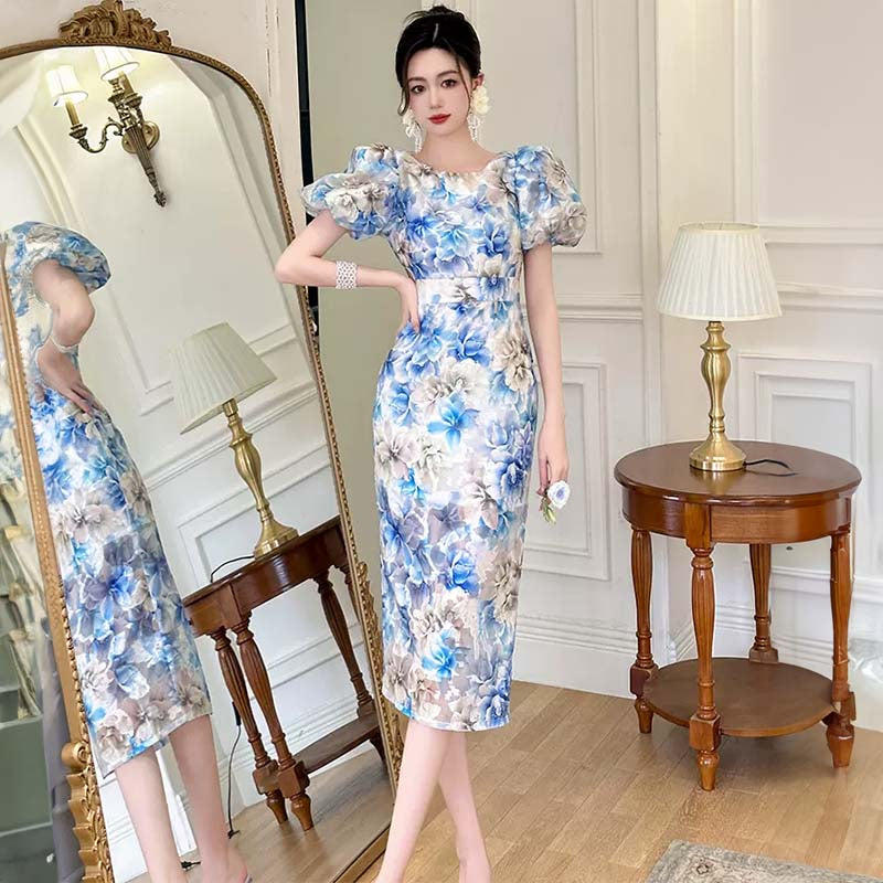 パフスリーブ花柄ミディ丈ワンピース