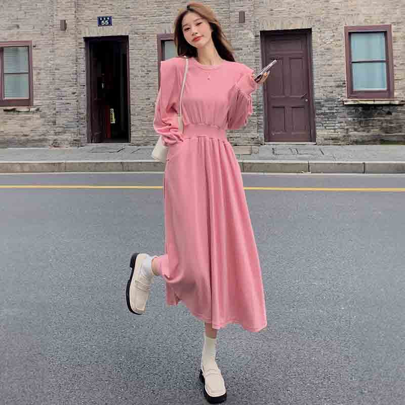 ピンクスウェット長袖Aラインワンピース