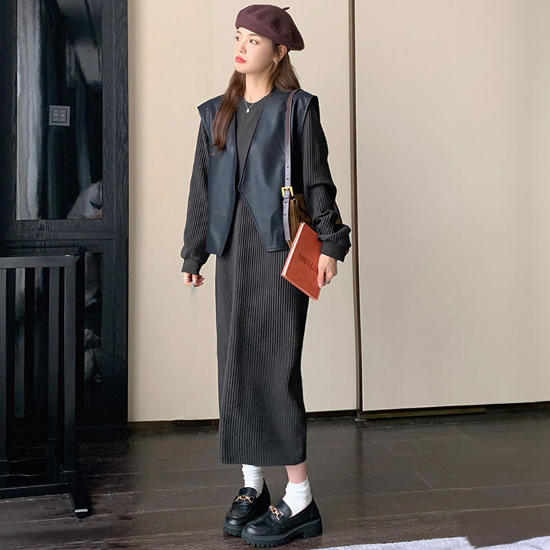 ワイドレザーベスト×リブニットワンピース