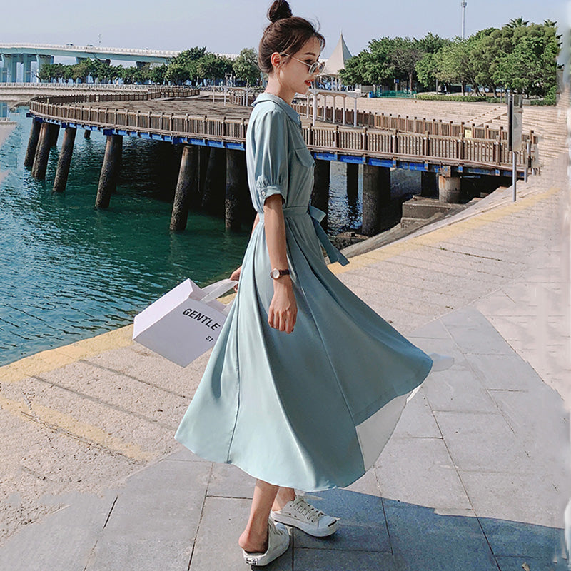 【即納】レイヤード風シャツワンピース(4colors)