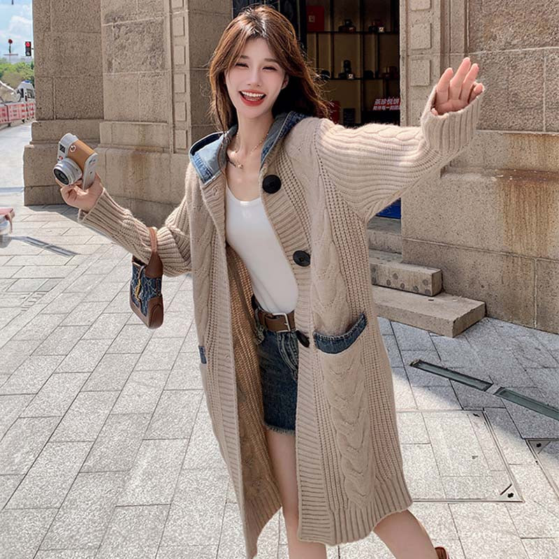 デニムフード付きニットカーディガン