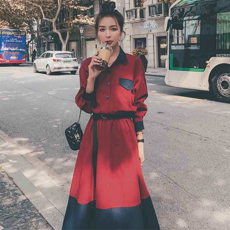 レッド×ネイビーバイカラーAラインワンピース