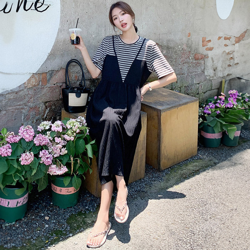ボーダーTシャツコンビロングワンピース