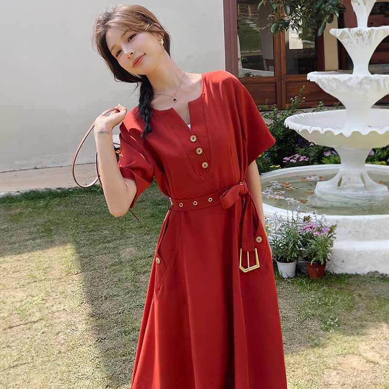 ラウンドネックレトロワンピース