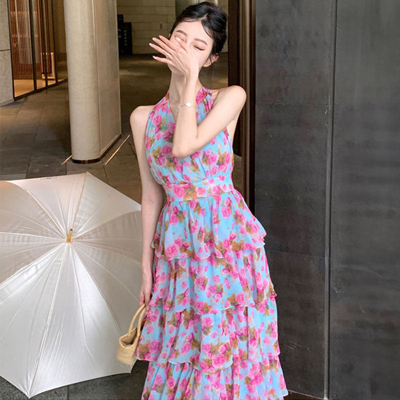 花柄バックオープンロングワンピース
