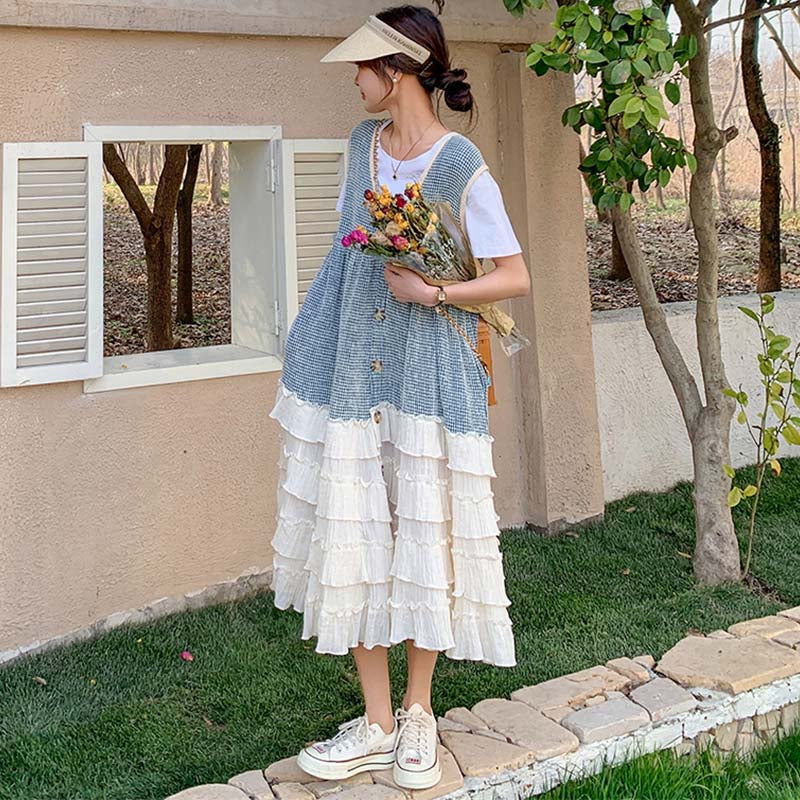 Tシャツ×裾フリルティアードノースリーブワンピース ツーピース