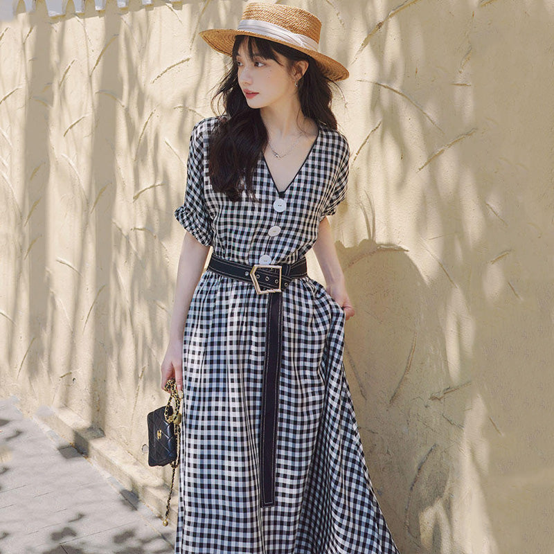 ビッグフロントボタンギンガムチェックマキシワンピース