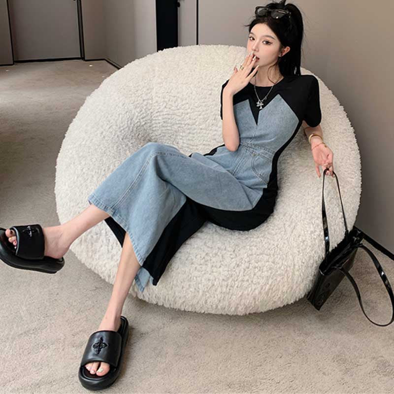 デニム切り替えタイトワンピース