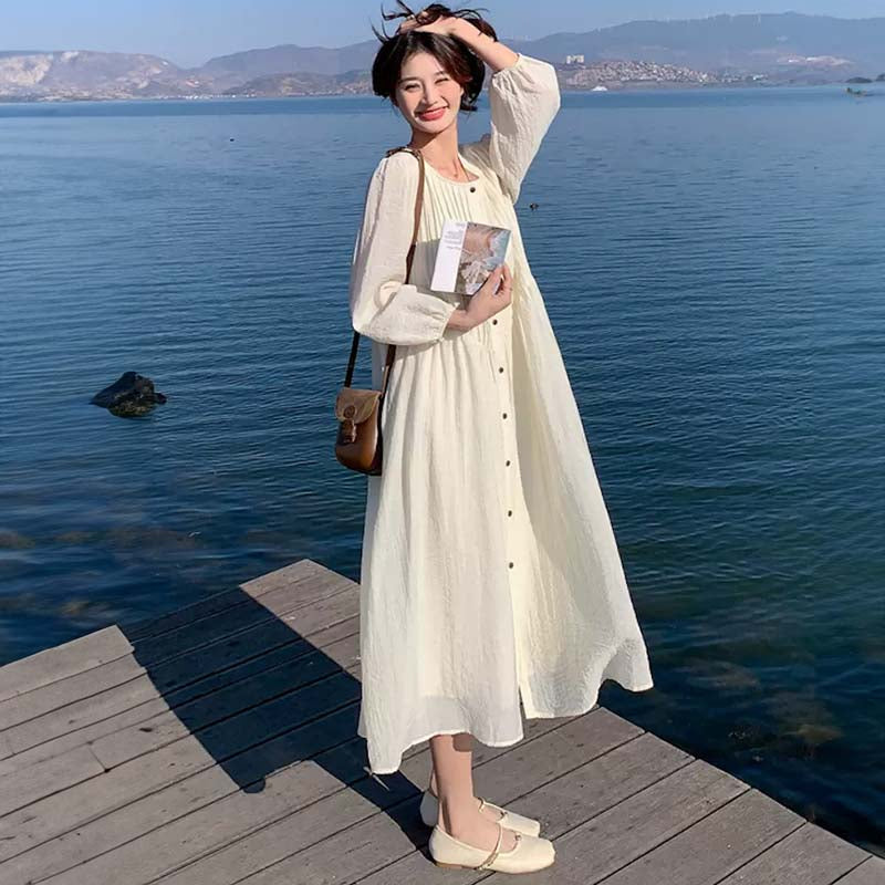 フロントボタンプリーツロングワンピース